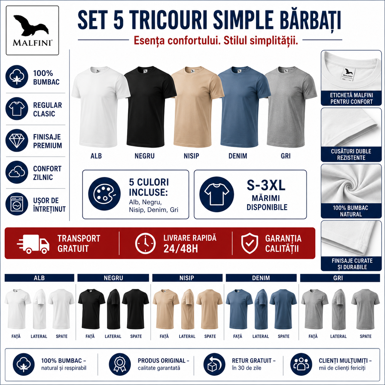 Set 5 tricouri bărbați 100% bumbac alb negru nisip denim gri S-3XL